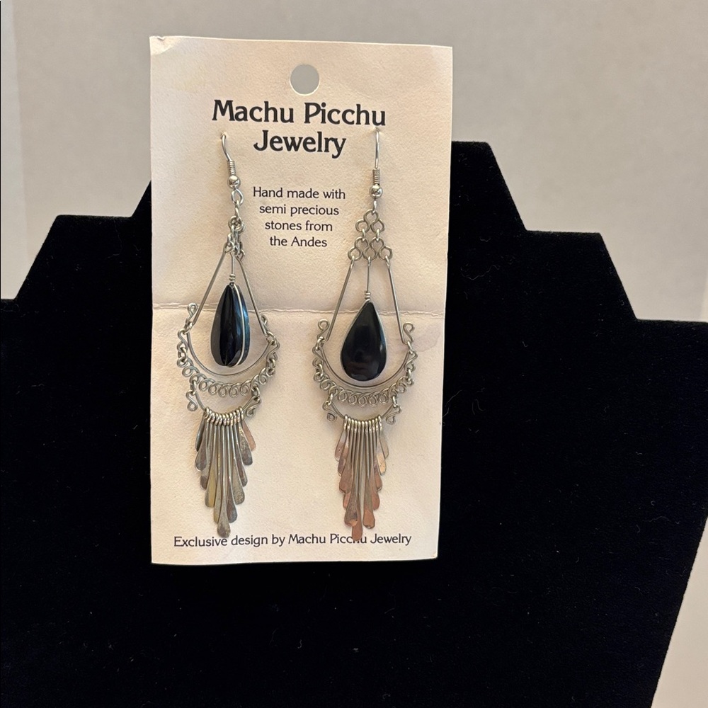 Machu Picchu Jewelry Silver and Black Semi Precious Stones Earrings